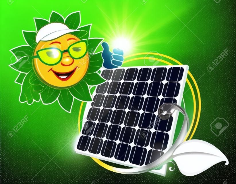 El panel de energía solar limita tallo verde con hojas y caricatura sonriente sol en gafas de sol