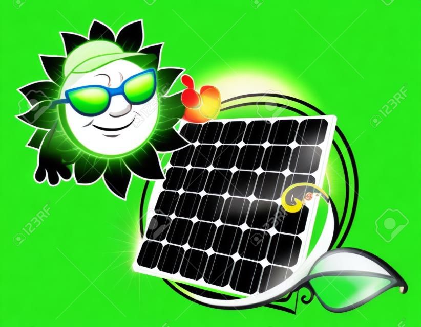 太陽エネルギー パネル接された緑の茎葉とサングラスの太陽の笑みを浮かべて漫画