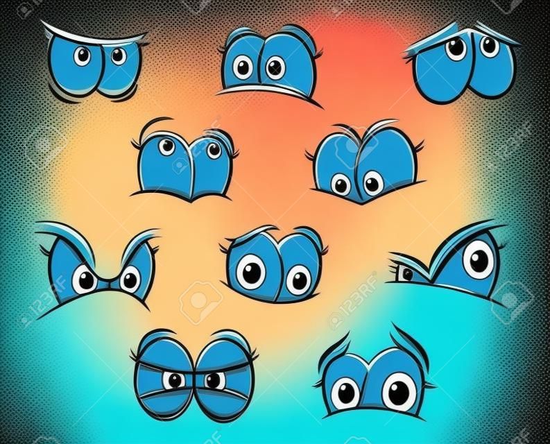 Ojos azules lindos cartooned grandes con emociones felices, divertidas, tristes y enojados para la creación de personajes de cómic