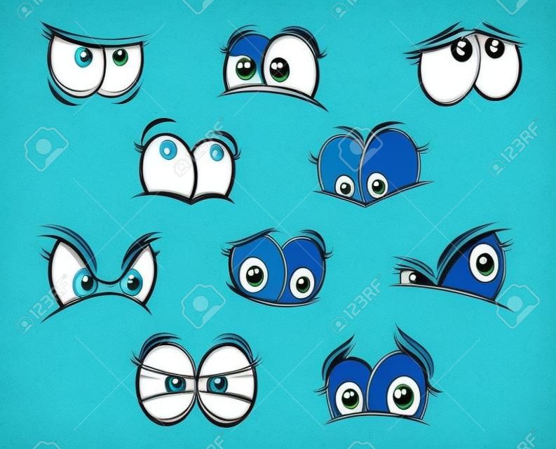 Симпатичные cartooned большие голубые глаза со счастливыми, веселыми, грустными и сердитыми эмоций для создания персонажей комиксов