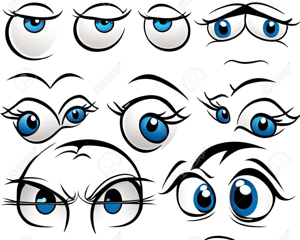 Симпатичные cartooned большие голубые глаза со счастливыми, веселыми, грустными и сердитыми эмоций для создания персонажей комиксов