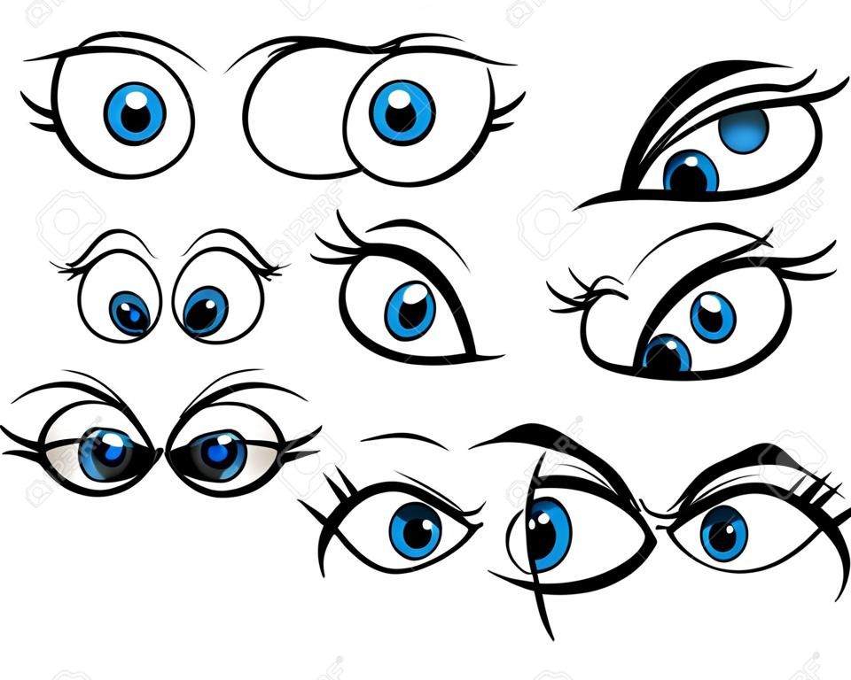 Ojos azules lindos cartooned grandes con emociones felices, divertidas, tristes y enojados para la creación de personajes de cómic