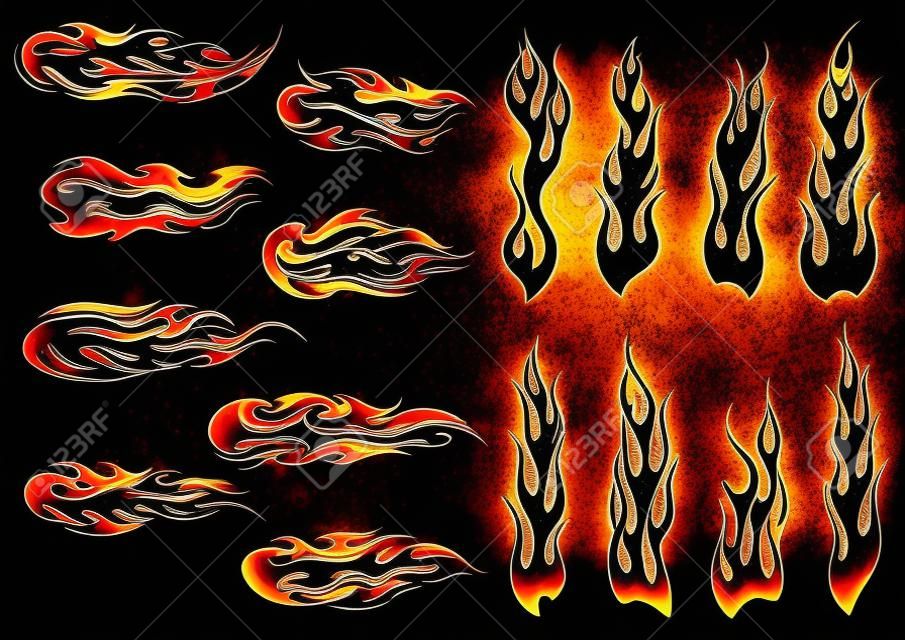 Black fire flames in tribal style with long swirls for tattoo and