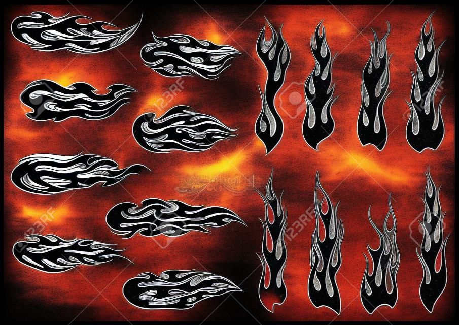黑色火焰在部落风格的长漩涡纹身和汽车装饰设计