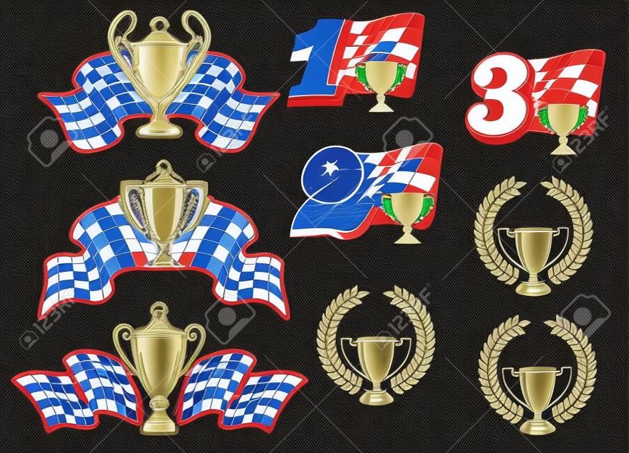 Set van motorsport en race pictogrammen met 1e, 2e en 3e plaatsen, trofeeën, kransen en geruite vlaggen voor kampioenschap prijzen