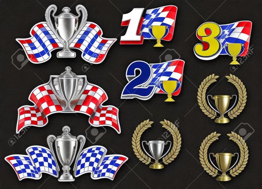 Ensemble d'icônes de sport automobile et de course avec 1re, 2e et 3e places, trophées, couronnes et drapeaux à damier pour les prix du championnat