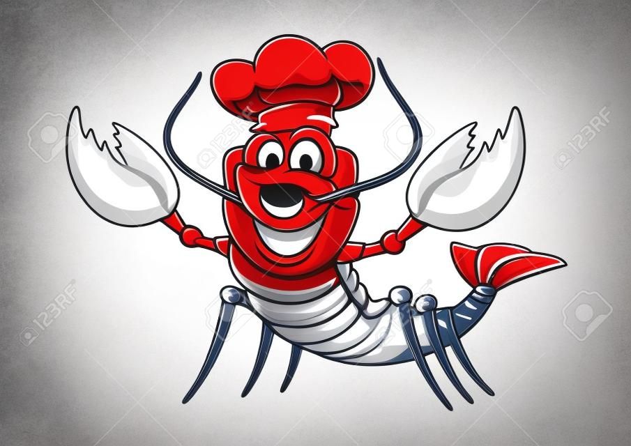 Gelukkige cartoon rode kreeft chef mascotte karakter met witte uniforme toque cap. Voor restaurant of zeevruchten ontwerp