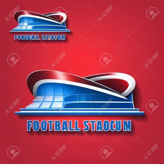 Fútbol o edificio estadio de fútbol icono con carcasa de color rojo y azul de techo de diseño deportivo