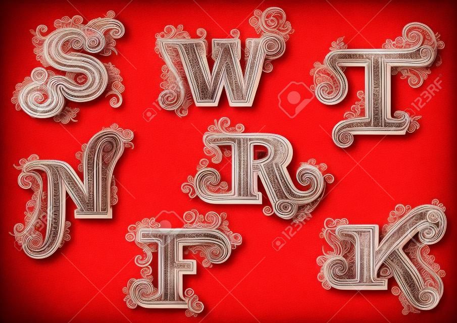 Bağbozumu swirly tarzında zarif büyük kırmızı harfler bükülmüş hatları, kıvrımları ve beyaz arka plan üzerinde izole noktalarla süslü. Letters F, K, N, R, S, T, W