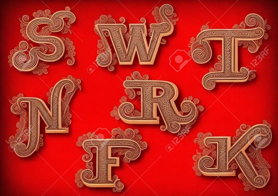 Элегантные прописные буквы в красный старинные Swirly стиль богато украшены витыми линиями, завитушками и точек на белом фоне. Письма F, K, N, R, S, T, W