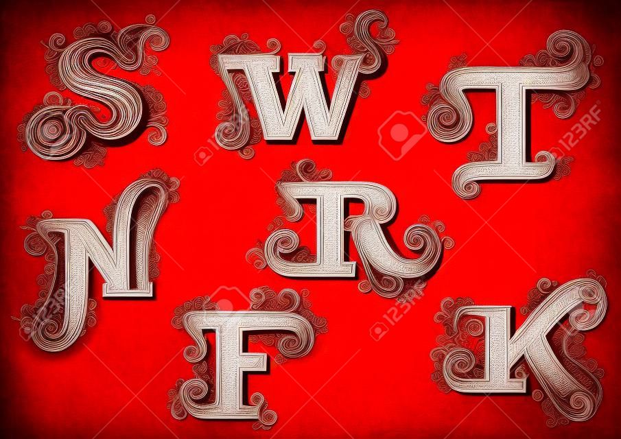 Elegant uppercase red letters in vintage swirly style ornated by  twisted lines, curlicues and dots isolated on white background. Letters F, K, N, R, S, T, W