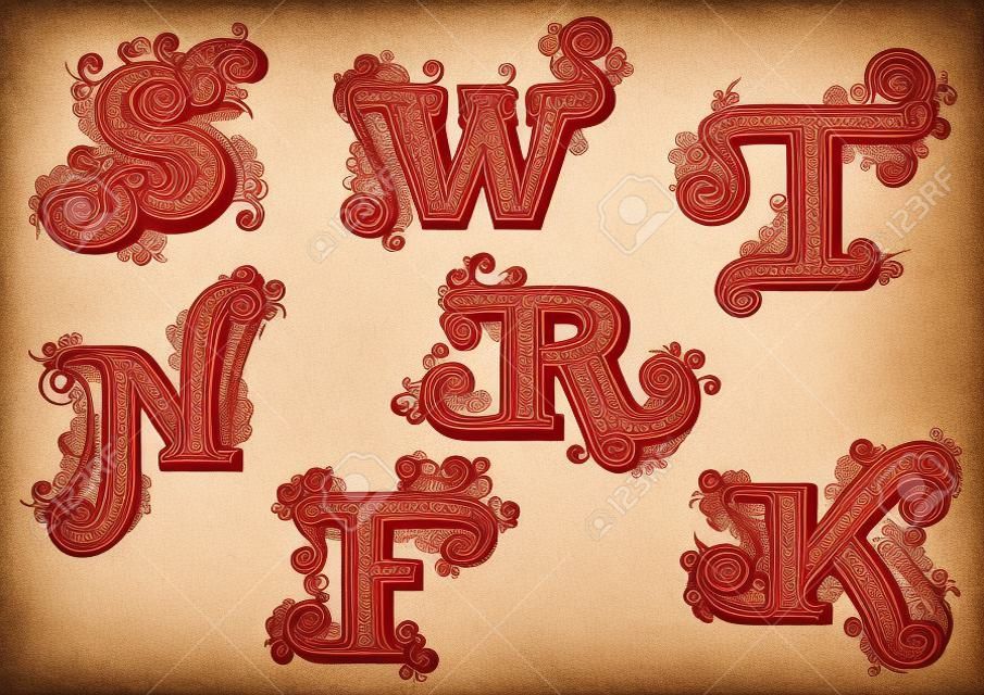 빈티지 소용돌이 스​​타일의 우아한 대문자 빨간색 글자 트위스트 라인, curlicues 및 흰색 배경에 고립 된 점으로 ornated. 편지 F, K, N, R, S, T, W
