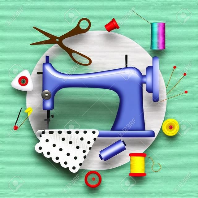 cones de costura plana coloridos em torno de uma máquina de costura com pino, fio, fio, dedal, botão e pano