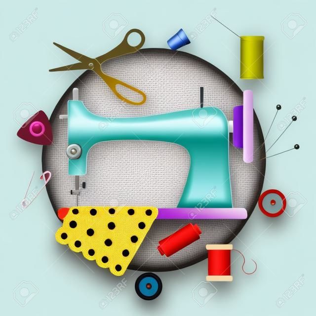 핀, 나사, 실, 골무, 버튼을 천으로 재봉틀을 둘러싼 다채로운 평면 봉제 아이콘