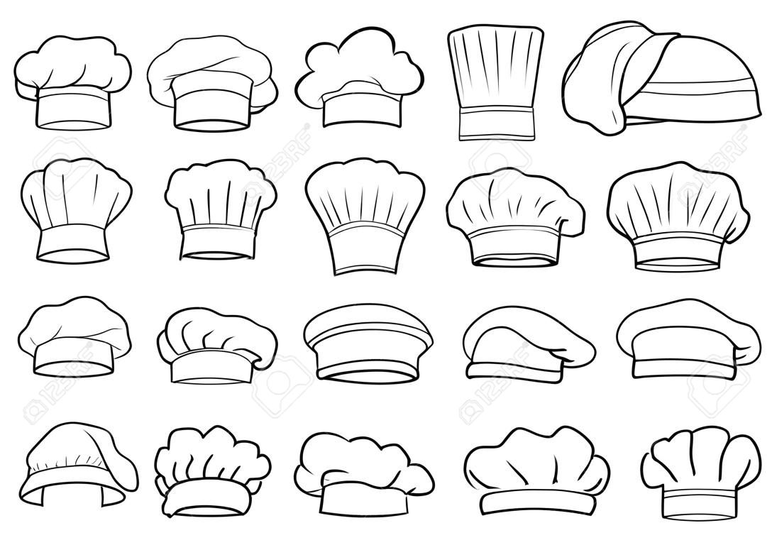 Large set of chefs toques, caps and hats in different shapes and designs, outline sketch style