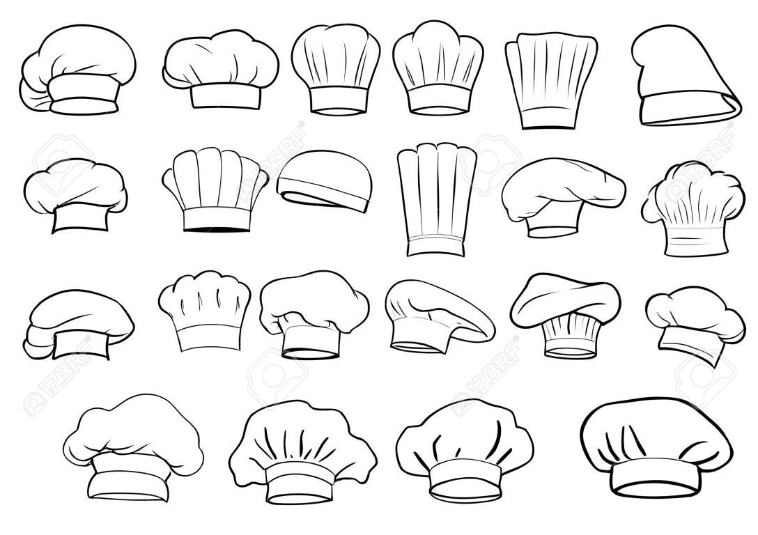 Large set of chefs toques, caps and hats in different shapes and designs, outline sketch style