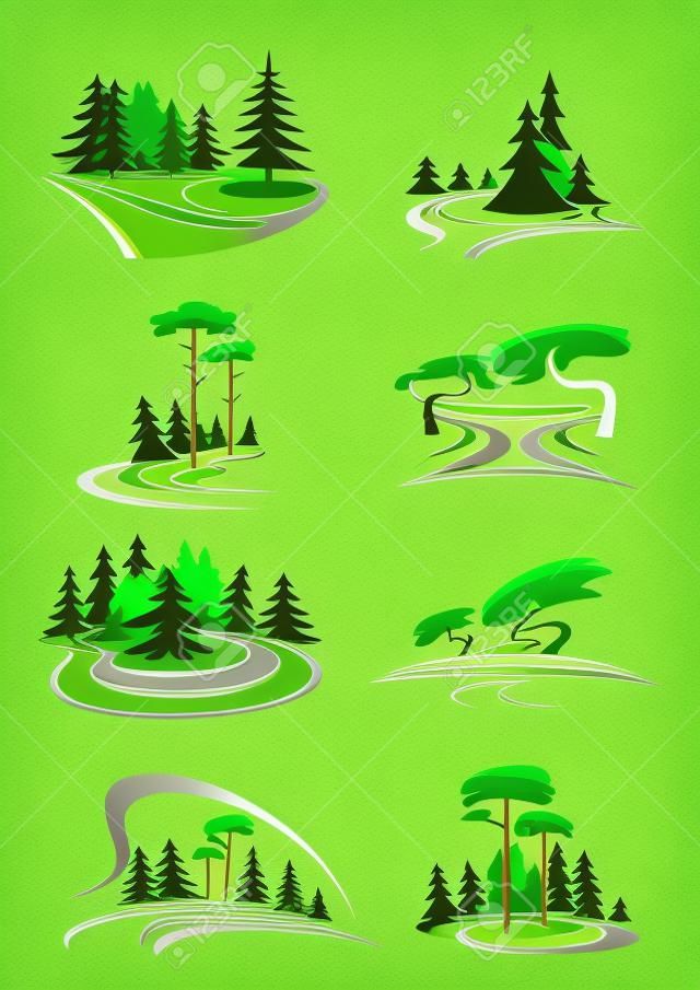 Estate parco, giardino e foresta paesaggio icone con il verde degli alberi, prati decorativi, pittoresco lago, vicoli ombrosi e radure erbose. Per la progettazione tema della natura