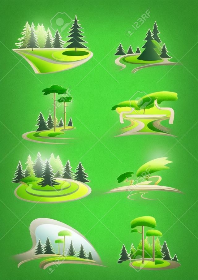 Summer park, garden and forest landscape icons with green trees, decorative lawns, scenic lake, shady alleys and grassy glades. For nature theme design