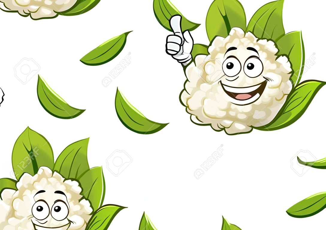 Glücklich reife Blumenkohl Gemüse Cartoon-Figur mit weißen Kopf von saftig Kohl, mit grünen Blättern umwickelt