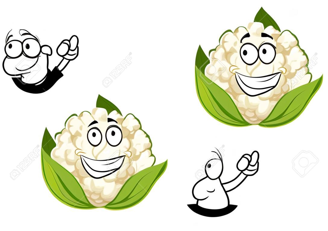 Glücklich reife Blumenkohl Gemüse Cartoon-Figur mit weißen Kopf von saftig Kohl, mit grünen Blättern umwickelt
