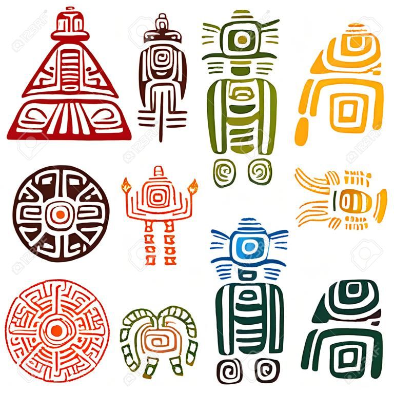 Tótems mayas y aztecas antiguos o signos religiosos con símbolos coloridos de sol, aves, serpientes, tortugas, peces, lagartos, pirámide y guerrero. Para tatuaje o diseño de la camiseta