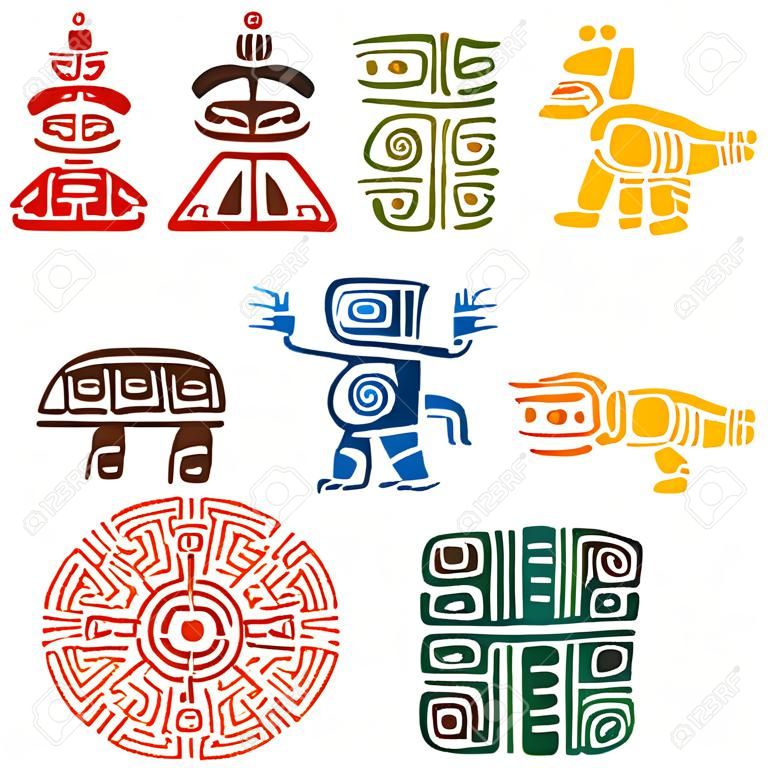 Antike Maya- und Azteken-Stelen oder religiöse Zeichen mit bunten Symbolen der Sonne, Vogel, Schlange, Schildkröte, Fisch, Echse, Pyramide und Krieger. Für Tätowierung oder T-Shirt Design