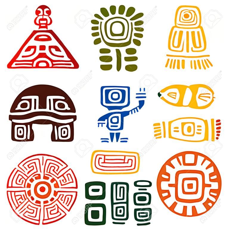 Totems mayas et aztèques antiques ou signes religieux avec des symboles colorés de soleil, oiseau, serpent, tortue, poissons, lézard, pyramide et guerrier. Pour la conception de tatouage ou t-shirt