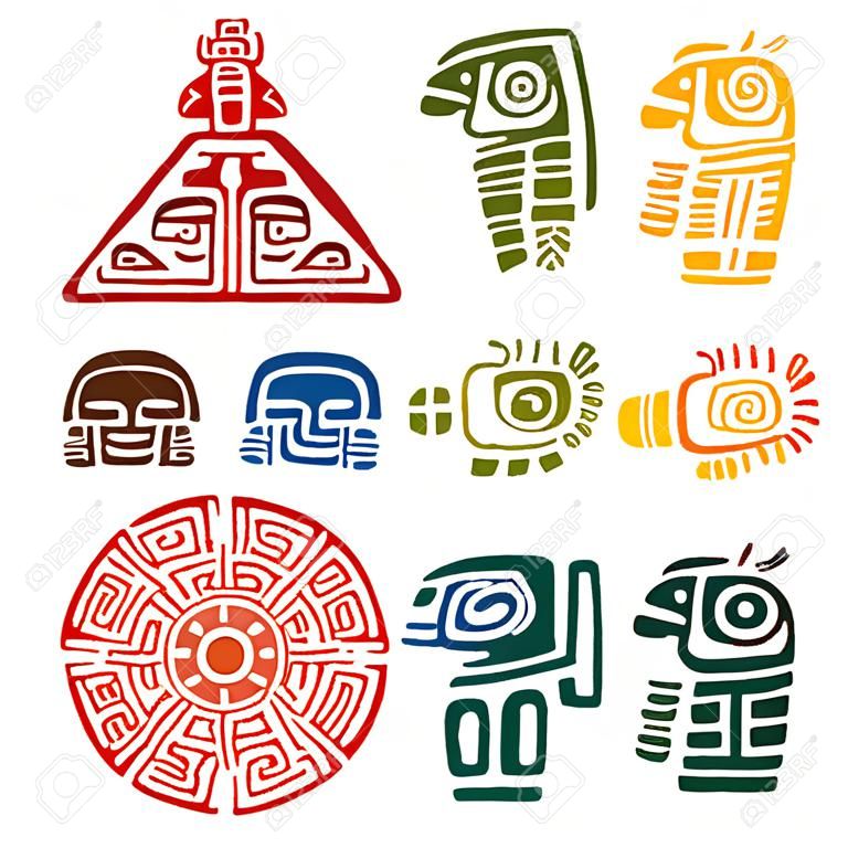 Древние майя и ацтеков тотемы или религиозные знаки с красочными символами солнца, птицы, змеи, черепахи, рыбы, ящерицы, пирамиды и воина. Для татуировки или дизайн футболки