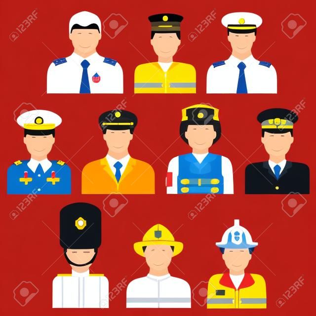Flache Ikonen der Berufe Avatare von Feuerwehrmann, Soldat, pilot, Sicherheit und Schiffskapitän mit Männern in der professionellen Uniform und Kappen