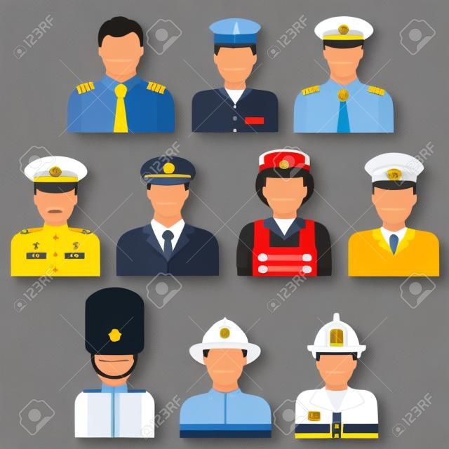 プロのユニフォームと帽子の男性と消防士、兵士、パイロット、セキュリティおよび船の船長の職業アバターのフラット アイコン