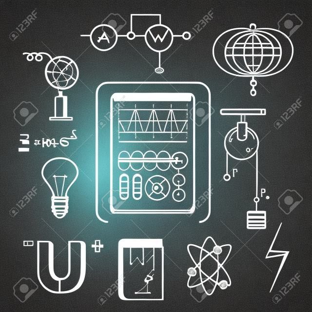 Science sketch icons set with symbols of physics such as magnet, electric power, atom model, Earth magnetic field, book, formulas, schemes and tools. For education or scientific concept design