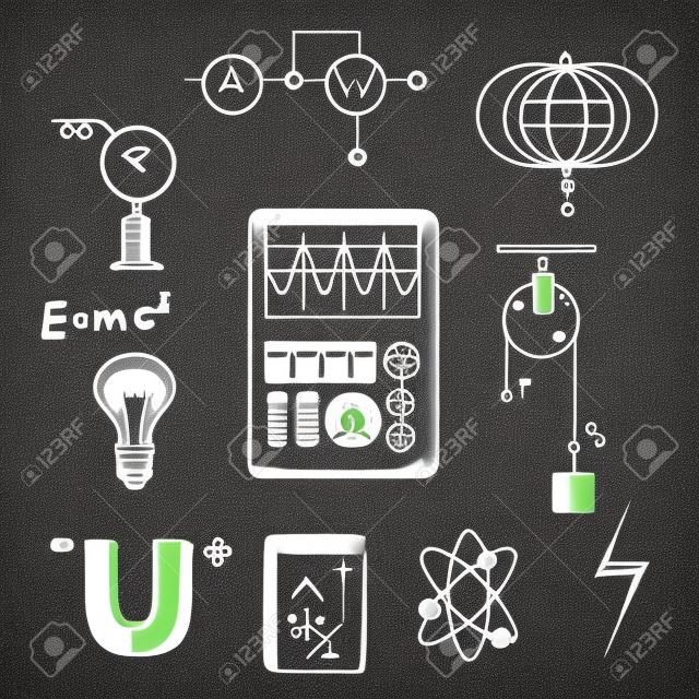 Wissenschaft Skizze Icons Set mit Symbolen der Physik wie Magnet, elektrische Energie, Atommodell, Erdmagnetfeld, Buch, Formeln, Schemata und Werkzeuge. Für Bildung oder wissenschaftliche Konzeption