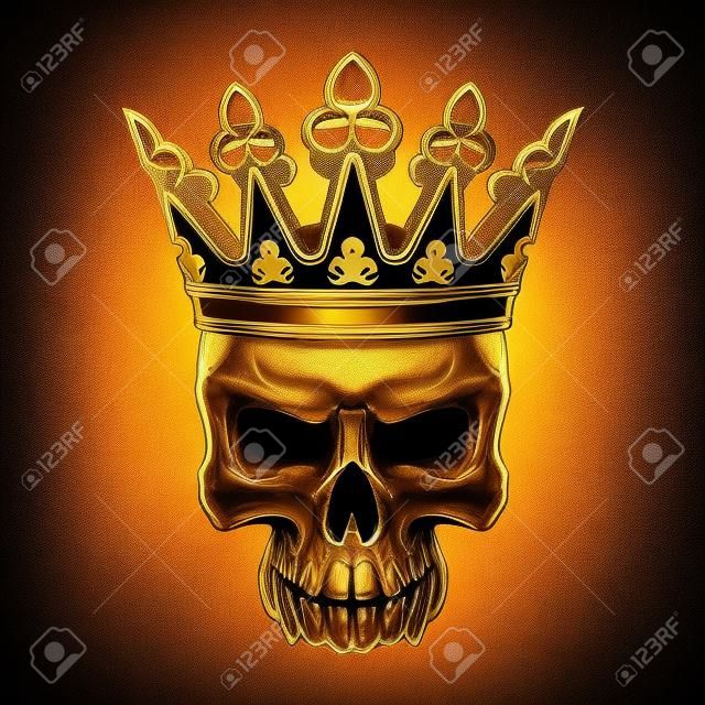 加冕国王头骨象征着怪异的人类头骨与皇家金冠为纹身T恤打印或万圣节的设计使用