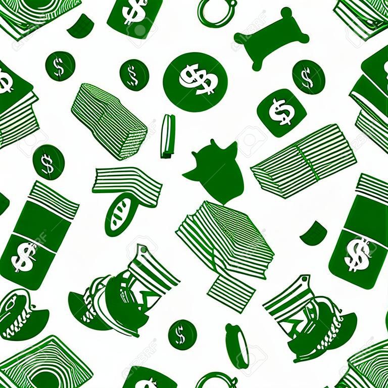 Money and financial savings background pattern for richness and business success themes design with seamless green and white silhouettes of dollar bills and coins stacks, wallets and hands with money, piggy banks and money bags