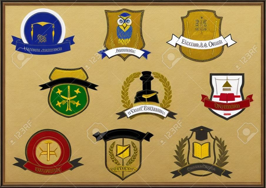 Education symbols for university and college school design with books and pens, graduation cap and owl, atom and DNA on heraldic shields framed by laurel wreaths, ribbon banners and stars