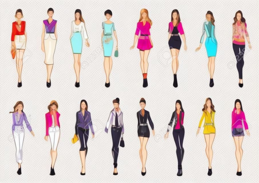 Kolorowe szkic sylwetki młodych kobiet noszących modne ubrania. modelki prezentujące eleganckie suknie biurowych i przypadkowych stroje do codziennego stylu. Temat handlowe lub branży projektowania mody