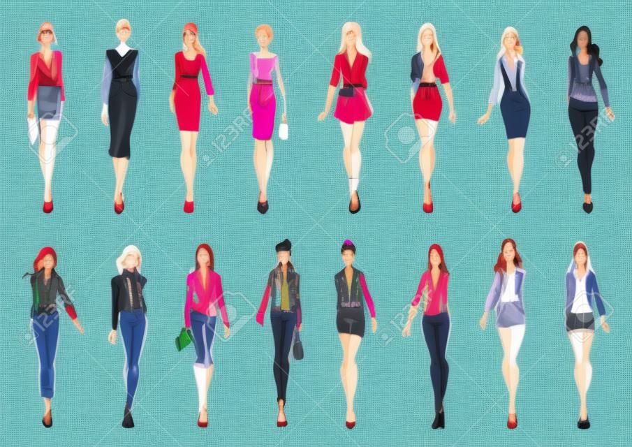 Silhuetas de esboço coloridas de mulheres jovens vestindo roupas da moda. Modelos de moda apresentando vestidos de escritório elegantes e trajes casuais para o estilo cotidiano. Tema de compras ou design da indústria da moda