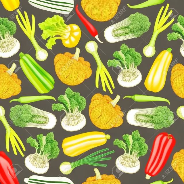 Vegetables seamless background. Wallpaper with vector pattern of fresh farm food icons. Pepper, chili, squash, zucchini, leek, chinese cabbage, kohlrabi for grocery store, food market, vegetarian product shop