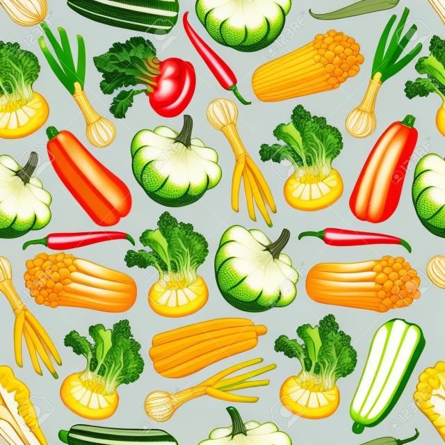 Vegetables seamless background. Wallpaper with vector pattern of fresh farm food icons. Pepper, chili, squash, zucchini, leek, chinese cabbage, kohlrabi for grocery store, food market, vegetarian product shop