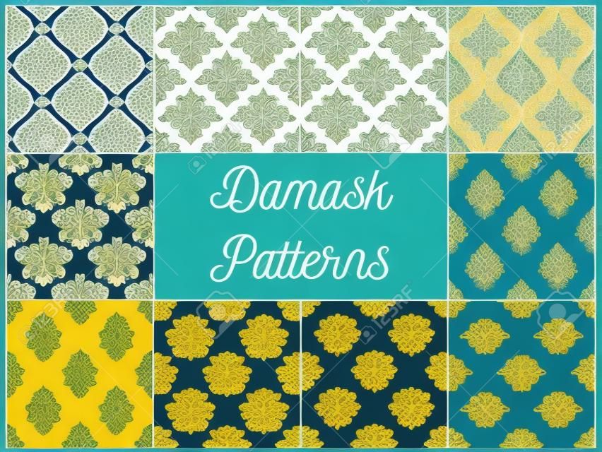 Arabic seamless floral patterns set with damask ornaments of decorative flowers and leaves on colorful background. Interior textile, wallpaper or tapestry design