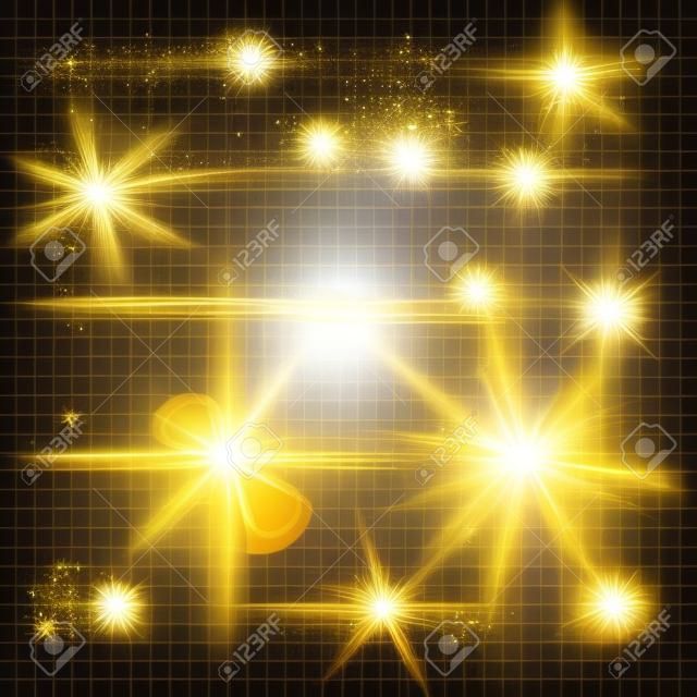 Shining gold star light set. Vector shining beams of glittering light with lens flare effect. Sparkling and twinkling golden stars with blurs on transparent background