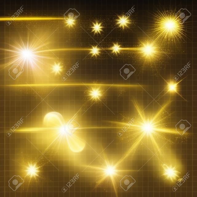빛나는 골드 스타 빛 집합입니다. 벡터 렌즈 플레어 효과와 빛나는 빛의 광선을 빛나는. 반짝이는 황금 별과 투명 배경에 흐리게 보이는 별
