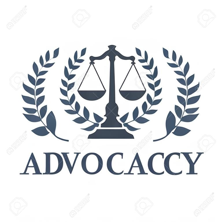 Juridical icon or advocacy vector emblem with Justice Scales and laurel wreath symbol for advocate or attorney office. Vector isolated badge for law counsel, prosecutor or lawyer and barrister notary company