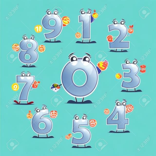 Números de iconos de personajes de dibujos animados del vector. Sonriendo cifras numéricas o dígitos numéricos con los ojos, mostrando la cantidad números con los dedos gestos para los niños matemáticas o la educación contando aritmética