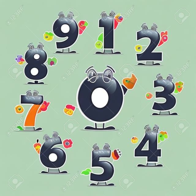 Numbers icons of vector cartoon characters. Smiling numerical figures or numeral digits with eyes, showing numerals quantity with fingers gestures for children math or arithmetic counting education