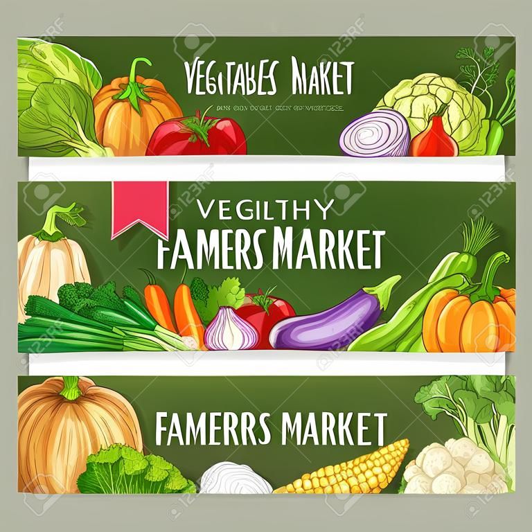 Vegetables healthy food banners. Farmers market sketch vegetables harvest. Vegetarian sketched veggies cabbage, onion, radish and tomato, peas and broccoli, leek and carrot, cauliflower and pumpkin, pepper, cucumber and garlic, eggplant, beet, corn, aspar