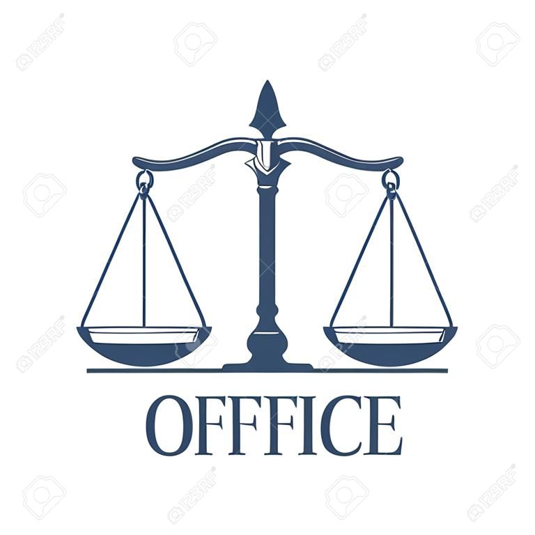 Law or advocate office emblem. Vector icon with Scales of Justice symbol for juridical emblem of advocacy or notary company, law attorney and legal advocate, judge court or lawyer badge