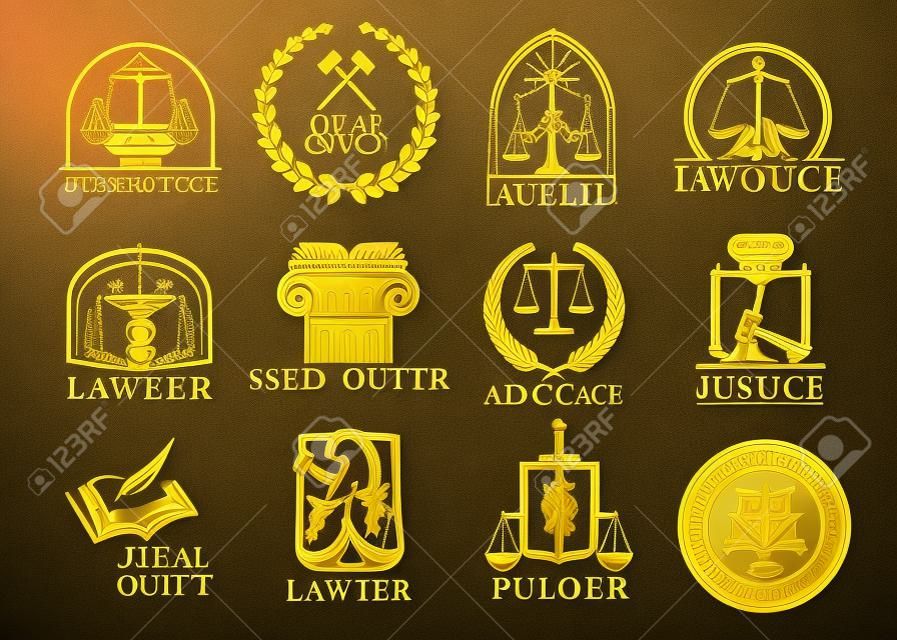 記号法コード本、正義のスケールまたは裁判官の小槌と月桂樹の花輪、剣および列と法人ベクター アイコン セット擁護。黄金のエンブレムや支持者は、の標識裁判所の弁護士と司法の右の弁護士、弁護士や公証人のオフィス