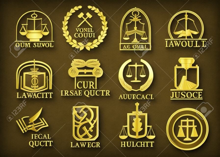 Les icônes de vecteurs juridiques sont des listes de plaidoyer et des lois légales, des livres de codes de droit, des échelles de justice ou un juge de marteau et une couronne de laurier, une épée et une colonne. Emblèmes d'or ou panneaux pour avocat, avocat de cour et avocat de droit judiciaire, avocat ou notaire