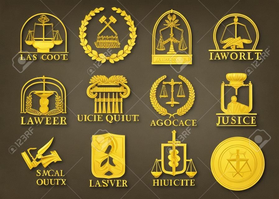 Juridical vector icons set of advocacy and legal symbols law code book, justice scales or judge gavel and laurel wreath, sword and column. Golden emblems or signs for advocate, court lawyer and judicial right attorney, counsel or notary office
